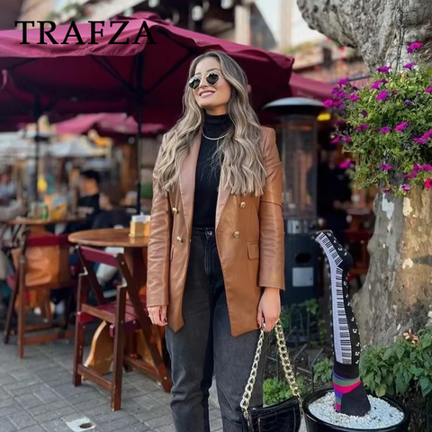 thanksgiving outfit Sonicelife 2024 Autumn Winter Office Lady PU Blazers Fashion Vintage Solid Double Breasted Shrug Casual Chic Elegant Women Blazers