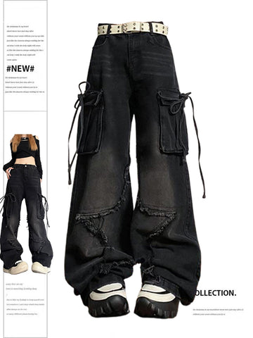 christmas outfit Sonicelife Women's Black Gothic Baggy Cargo Jeans with Star Harajuku Y2k 90s Aesthetic Denim Trousers Emo 2000s Jean Pants Vintage Clothes