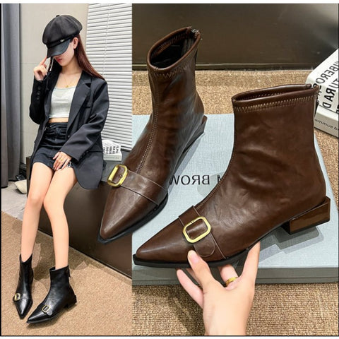 Sonicelife Footwear Black Short Shoes for Women Elegant with Low Heels Booties Work Female Ankle Boots Pointed Toe Designer Luxury Autumn