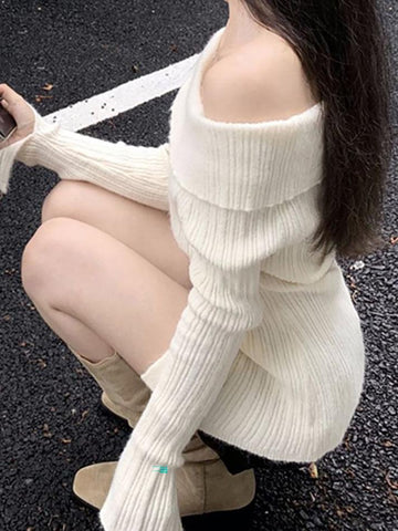 Sonicelife-Long Sleeve Off-Shoulder Ribbed-Knit Sweater