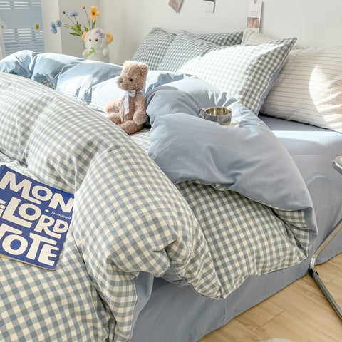 Sonicelife 2024 New Bedding Set Ins Nordic Style Blue Grid Washed Cotton 4 pcs Bed Sheet Set For Girls Duvet Cover and Pillowcase