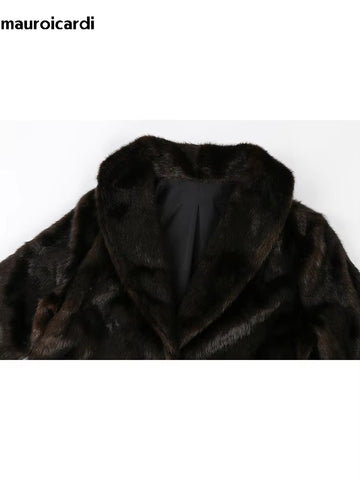 christmas outfit Sonicelife Winter Extra Long Thick Warm Brown Fluffy Faux Mink Fur Coat Women Shawl Collar Luxury Elegant European Fashion 2025