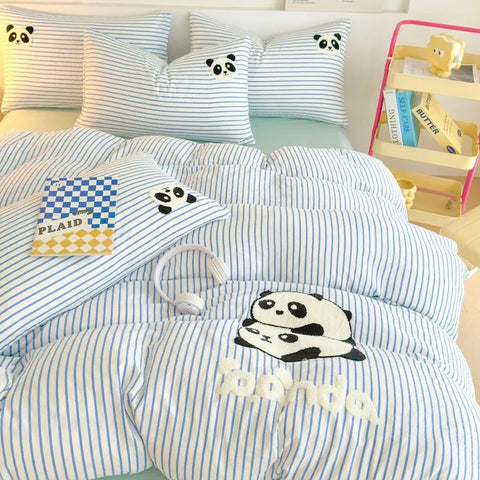 Sonicelife Striped Bedding Set Full Size Cartoon Duvet Cover for Kids Purple Bed Sheet Set Single Size Panda Towel Embroidery Bedding Sets