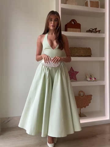 Sonicelife Elegant V Neck Green Long Dresses Women Fashion High Waist A-line Halter Midi Vestidos New Summer Lady Evening Party Dress 2025