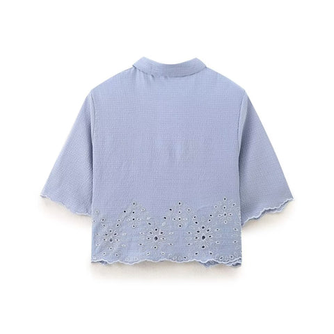 Sonicelife Women's Hollowed-Out Embroidery Shirt with Single Breasted Buttons Versatile Short Sleeved Top for Commuting Style New