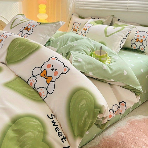 Sonicelife Cute Rabbit Carrot Bedding Set Soft Green Flat Sheet Quilt Cover Pillowcase Bed Linen Twin Queen Full Size Floral Duvet Cover