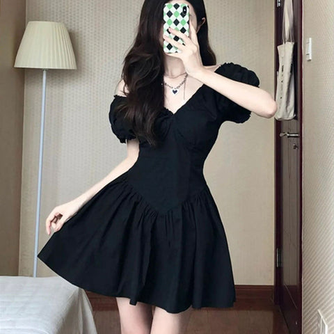 Sonicelife Black A Line Mini Dress Women French Sweet Kawaii High Waist V Neck Pleated Skirt Ladies Fashion Retro Vestidos Summer New