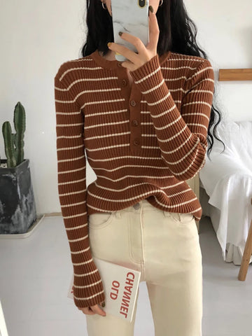 Sonicelife 2024 Autumn Winter Women T-shirts Elegant Stripes Knitted Tees Buttoned Up Long Sleeve Slim Women Knitted T-shirts