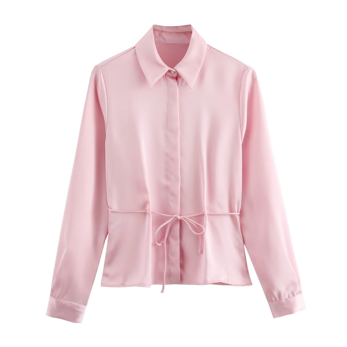 Sonicelife Women's Long Sleeve Single Breasted Top Waistband Decoration Silk Satin Texture Sweet Temperament New Shirt