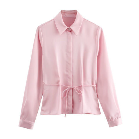 Sonicelife Women's Long Sleeve Single Breasted Top Waistband Decoration Silk Satin Texture Sweet Temperament New Shirt