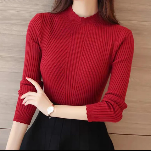 Sonicelife Women Ruffles Mock Neck Sweater Long Sleeve Knitted Bottoming Solid Pullovers Stripe Casual Sweater For Women 2024 Autumn Winter