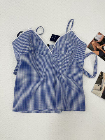 Sonicelife Blue Plaid Back Strap Tank Shorts Pajama Set Women Sleeveless Crop Top+Elastic Waist Straight Short Pant Sweet Home 2 Piece Sets