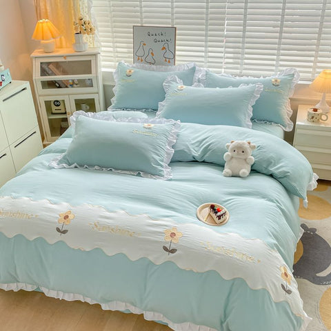 Sonicelife Kawaii Princess Bedding Set with White Ruffles Korean Style Girls Single Full Duvet Cover No Filling Flat Sheet Pillowcases Kit