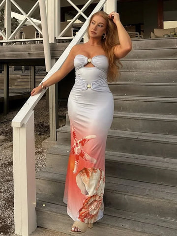 Sonicelife Gradient Printed Women's Midi Dress Summer Lady Backless Hollow Out Slim Fit Long Dresses 2025 Female Vocation Strapless Robes