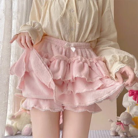 Sonicelife Harajuku Sweet Lolita Short Skirts Autumn Winter Plush Bloomers Y2k Japanese Kawaii Knickers Women Lace Bow Safety Short Pant