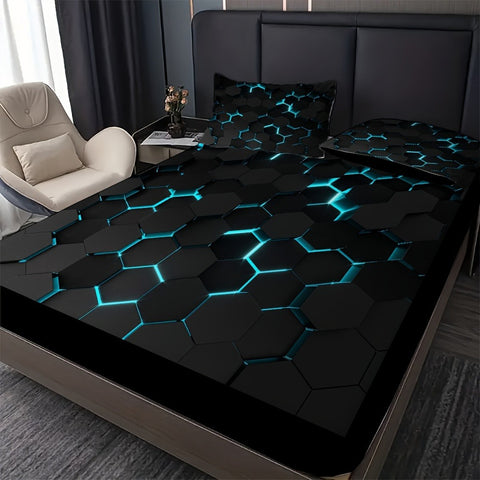 Sonicelife Blue 3D Hexagonal Honeycomb Geometry Print Fitted Sheet Set Column Mosaic Art Neon Mattress Covers Bedding Set With Deep Pocket