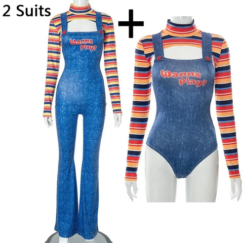 Sonicelife Women Wanna Play Letter Print Overalls Imitation Denim Jumpsuits Romper Striped Long Sleeve Crop Shirt Halloween Cosplay Outfits