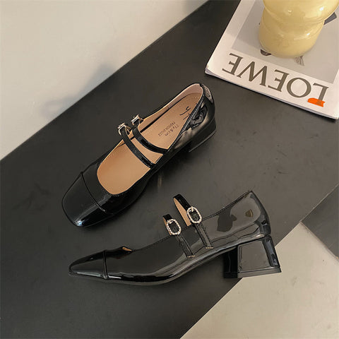 Sonicelife 2024 Spring Leather  Straps Square Head Thick Heel Mary Jane Shoes Women's Low Heel Follow-up Shoes Womens Shoes High Heels