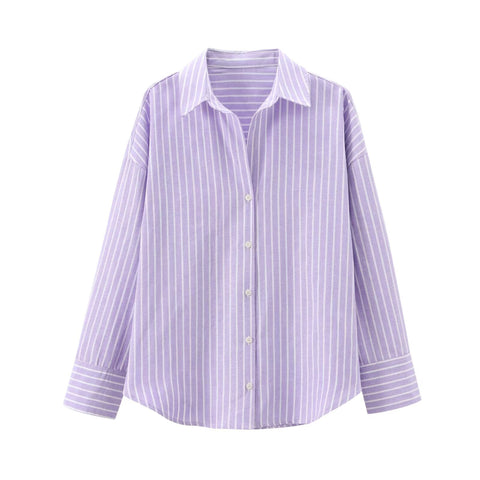 Sonicelife Women's Striped Shirt Oxford Fabric Simple Casual Versatile Single Breasted Long Sleeved Top New