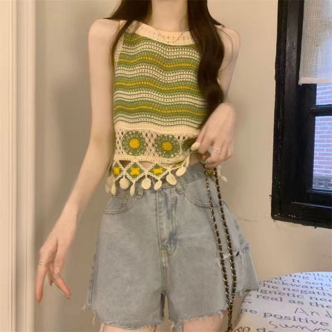 Sonicelife Hollow Out Crop Tanks Women Summer Knit Striped Sexy Bohemian Sleeveless T Shirt Retro Casual All Match Elegant Camisole Tops