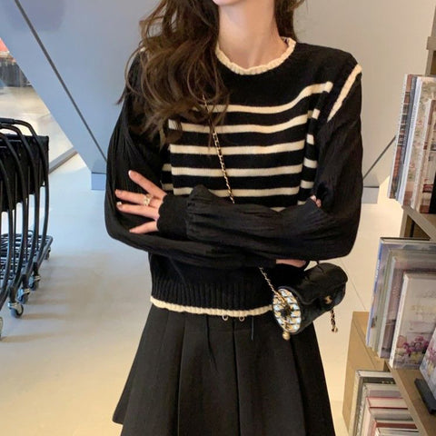 Black Friday Sonicelife Black White Striped Knitted Sweater Women Korean Fashion Lantern Sleeve Fall Winter Sweet Fake Two-Piece Pullover School Jumpers