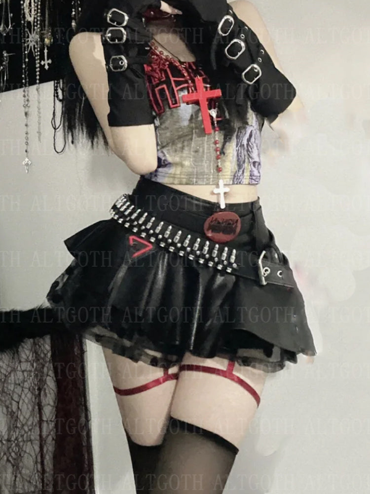 Sonicelife Emo Alt Gothic Pu Skirt Women Streetwear Harajuku Grunge Mesh Patchwork with Belt Mini Skirt Nightclub Sexy Rave Outfits