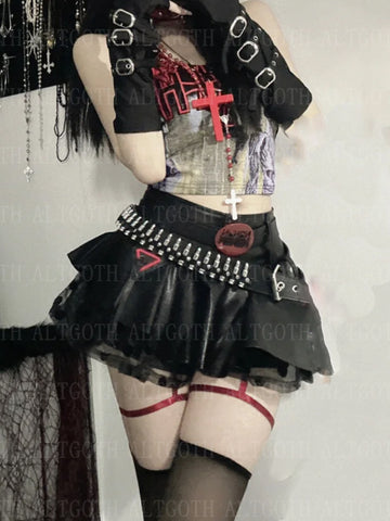 Sonicelife Emo Alt Gothic Pu Skirt Women Streetwear Harajuku Grunge Mesh Patchwork with Belt Mini Skirt Nightclub Sexy Rave Outfits