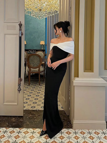 Sonicelife Elegant Pleated Patchwork Off-the-shoulder Maxi Dress Chic Sleeveless Slim Fit Open Fork Gown New Female Party Club Dresses 2025