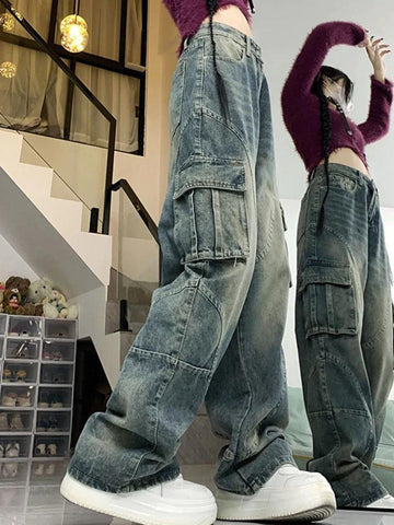 Sonicelife-Street Multi Pocket Splice Cargo Jeans