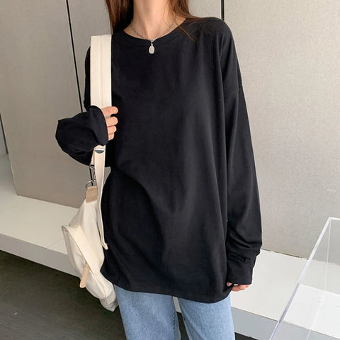 Sonicelife 100% Cotton Long Sleeve T Shirt Women Black Fashion Korean All Match Oversized Tee Autumn Streetwear Casual Loose Bf Female Tops