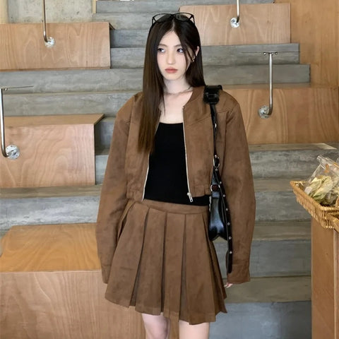 thanksgiving outfit Sonicelife 2024 Autumn New Sensibility Maillard Brown Vintage Leather Jacket With Pleated Skirt Set Women Fashion Dress Set