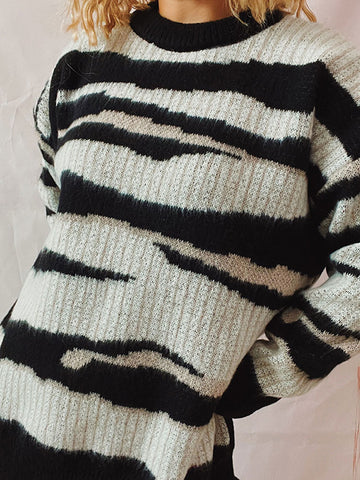 Black Friday Sonicelife Casual Loose Irregular Striped Pullover Sweater Women Autumn Retro O-Neck Thick Warm Sweaters Female Chic Daily Street Knitwear