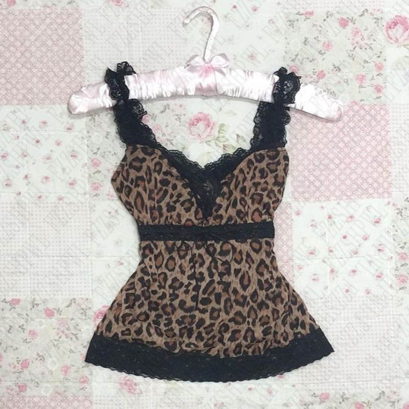 Sonicelife Leopard print suspenders gothic lace decoration Harajuku Y2K tops emo city girl sexy silm rock punk hip hops Street women's tops