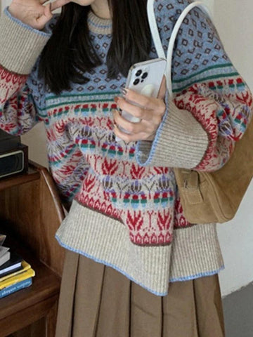 Back To School Sonicelife Vintage Jacquard Splice Knit Sweater