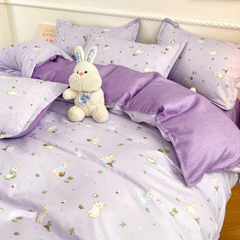 Sonicelife Cute Rabbit Bedding Set Ins Style Floral Duvet Cover No Filler Pillowcases Flat Sheet Single Full Size Girls Bed Linens