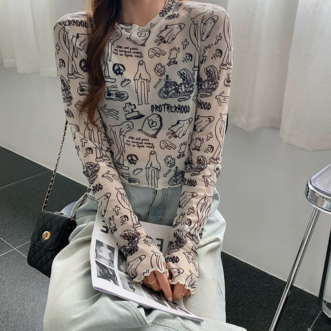 Sonicelife Y2K Mesh Sheer T Shirts Women Streetwear Cartoon Print Crop Tops Korean Sexy See Through Long Sleeve Slim Chic Tees New