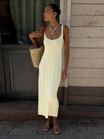 Sonicelife Women Knit Tank Dress Casual Suspender Sleeveless U-Neck Party Long Dresses 2025 Summer Sexy Beach Club Midi Robes Streetwear
