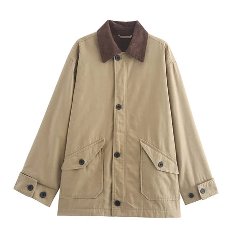 Sonicelife Casual Patchwork Cargo Jacket Women Contrast Lapel Single Breasted Pocket Full Sleeve Coat 2024 Autumn Winter Lady Retro Outwear