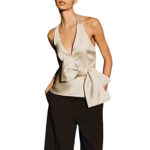 Sonicelife Women's Hanging Neck Top with Bow Decoration Silk Satin Hollow Sexy T-shirt New