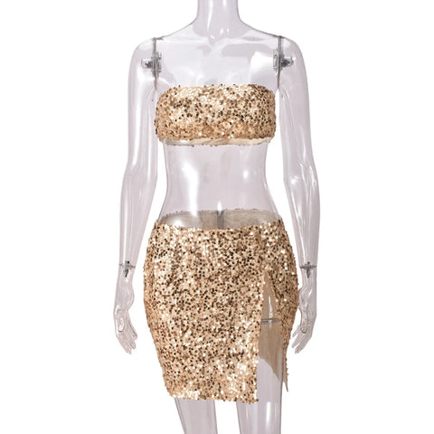 Sonicelife Sexy Women 2 Piece Shiny Sequin Bustier Strapless Tops Split Mini Skirts Sets Zipper Slim Skirts Party Glitter Two Piece Outfits