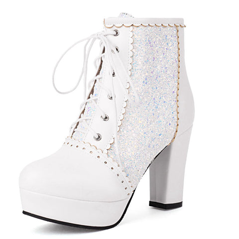 thanksgiving outfit Sonicelife Fashion Women Ankle Boots Round Toe Block High Heels 9cm Platform 2cm Glitter 46 47 48 Party Booties