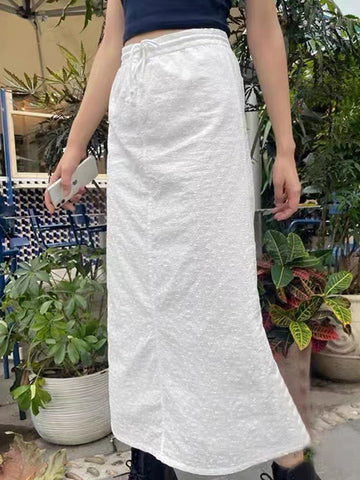 Sonicelife Casual White Hook Flower Embroiderylong Skirt Cotton 2025 New Elastic High Waist Drawstring Fashion Summer Skirts Holiday Beach