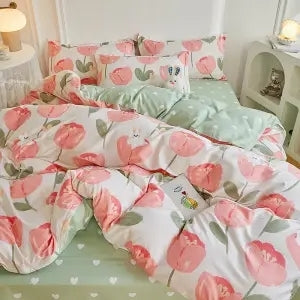 Sonicelife Garden Flowers And Cute Rabbit Pattern Duvet Cover Nordic Style Full Size Bedding Sets Queen Double For Girls Gift Pink