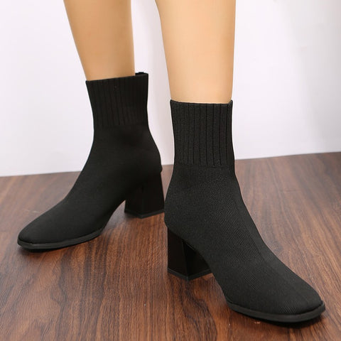 Sonicelife Women Elastic Knitted Socks Boots Woman Slip on Stretch Fabric Ankle Boots Autumn Fashion Square Toe Thick High Heels