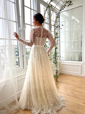 Sonicelife Customized Appliques Mesh Sleeves Tiered Ruffle A-line Wedding Dress Floor-Length vestidos de noche Cut-out Party  Dress-(PRE-ORDER)