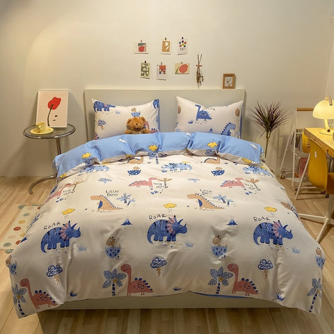 Sonicelife Kawaii Kids Bedding Set Soft Cotton Flat Fitted Sheet Duvet Cover Pillowcases Single Queen Cartoon Boy Girls Dormitory Bed Linen