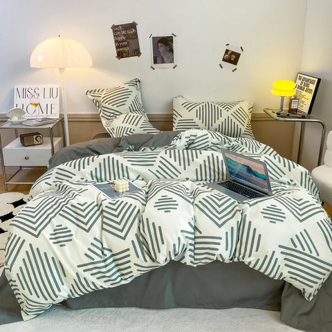 Sonicelife Grey Geometric Pattern Duvet Cover Four set series for Adults Teens Polyester Bedding Set with Zip Closure Comforter Covers