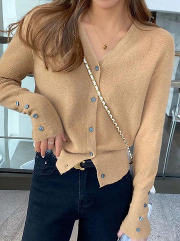 Back To School Sonicelife Solid Color V Neck Button Decor Cardigan