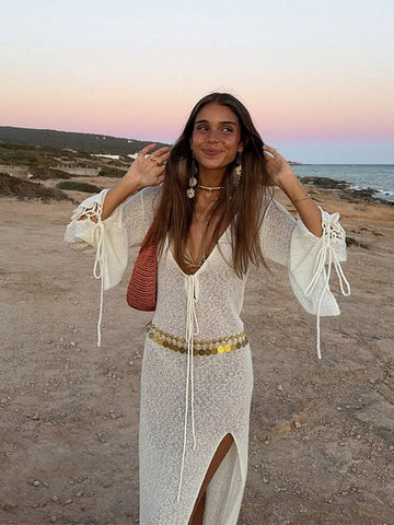 Sonicelife Casual Knit Open Fork Long Dress Elegant White V Neck Full Sleeve Lace Up Robes New Women's Summer Beach Holiday Vestidos 2025