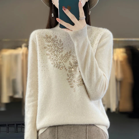 christmas outfit Sonicelife Women Autumn Winter Pure Wool Thickening Sweater Half-high Collar Leaf Studded with Diamonds Pullover Female Knitted Basis Top